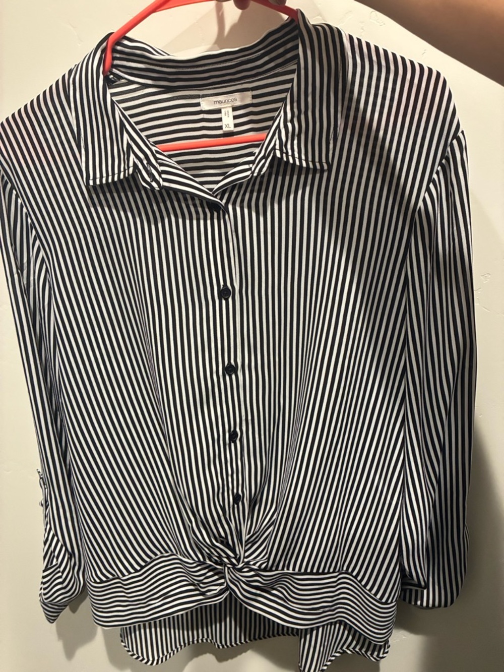 Maurices Black and White Striped Button-Front Tie-Hem Blouse